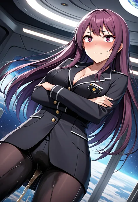 (high quality,Very detailed:1.37, High resolution), Woman, (mature:2.0), (Sakaki Yumiko:2.0), (very long hair:1.5), (purple hair:1.5), purple eyes, large breasts, military uniform, pants, (wetting herself:1.5), standing, (arms crossed:1.5), (embarrassed:1....