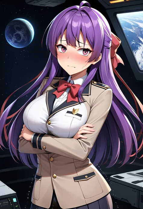 (high quality,Very detailed:1.37, High resolution), Woman, (mature:2.0), (Sakaki Yumiko:2.0), (very long hair:1.5), (purple hair:1.5), purple eyes, large breasts, military uniform, pants, (wetting herself:1.5), standing, (arms crossed:1.5), (embarrassed:1....