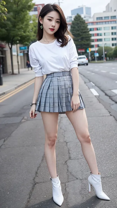 wearing a white shirt， girl, （tight top：1.5），close your mouth and smile，legs long，((short 暗红plaid pleated skirt:1.3))，white skin...