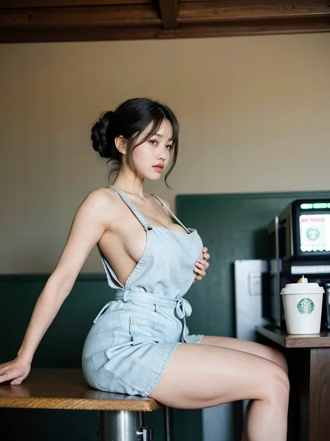 Cool beauty，Looks sweet，(updo hair), only wearing dark green starbucks apron, off-shoulders, show clavage, (show big thigh, plump body), huge breast, full body photo, sitting pose. In industrial architect coffee shop. Naked. Side view.