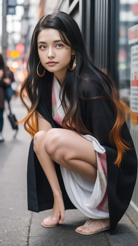 Cute Japanese woman, (16 years old), (Very cute face: 1.3), White moist skin, Looking at the camera, Melancholy expression,
BREAK,
Idol,
BREAK,
(Wearing cute kimono: 1.3), (Highly revealing kimono), Very large earrings, Short length,
BREAK,
(Fighting pose:...