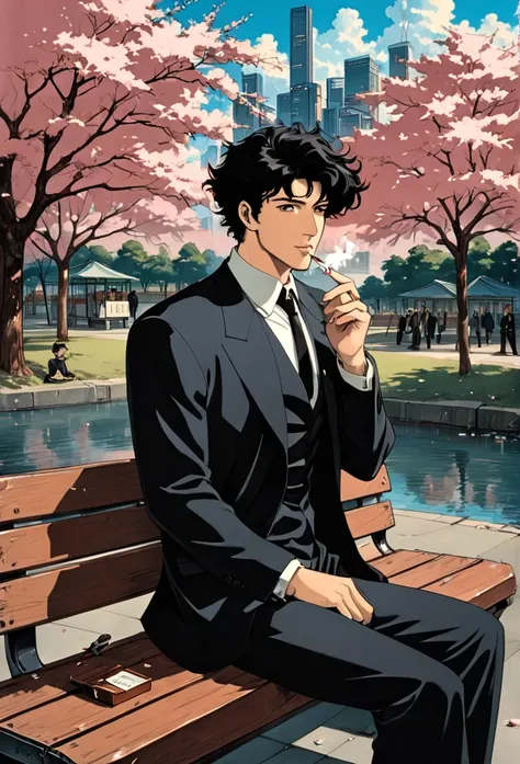 cherry blossom park,a man sitting on a bench, black suit,a loose black tie,black eyes, smile, black hair, stubble on chin,smokin...