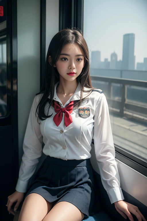 ((Female student sitting on train seat ))，Charming eyes，Operation Warming，Turn your face away，bend over，bend over，Look Back，Look up at your head，Thick and long black hair，Very detailed body，The face is rich in detail，Best quality、(P iNK underwear),(high sc...