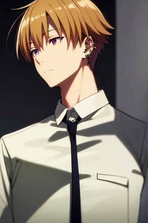 Masterpiece, best quality, 1boy, upper body, necktie, (black ear piercing), closed mouth, simple backround, blonde hair, expressionless, short hair