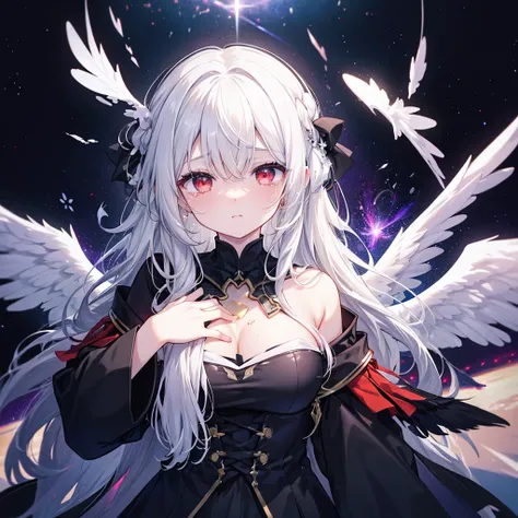 (((((fallen Angel、Place your hand on your chest、Face it、Close-up　Galaxy Background、Shine　tears、Reflection of light)))))　((((Pitch black ring　Fantasy　Long Hair、Black and white、Swaying in the Wind　Dull red eyes　Moe sleeves　Wings bigger than me、Black))))　(((L...