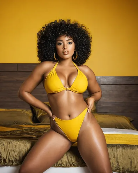 araffe woman in a yellow bikini posing in a room, Curvy model in a yellow bikini, in a yellow bikini, beautiful thick female, thick body, sexy woman with dark skin, beautiful woman in a yellow bikini, Violeta Myers, beautiful woman, figure curvy hourglass,...