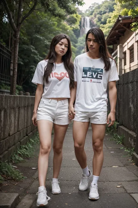 Full body professional photography. Korean man and woman, young, long hair, loose white womens couple t-shirt with MEV written on it. shorts, white shoes, full of love, surrounded by a fence of romantic leaves, white clouds, blurred Canon lens with reduced...