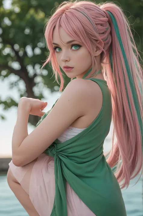  (Best quality, 8k, 32k, raw photo, Photorealistic, Photoreal, UHD:1.2), lifelike rendering, 1 young cute girl, (streaked Green and pink hair:1.4), very long hair, Dynamic hairslyte, (braids, ponytail) (green eyes:1.4), realistic portrait, (random pose), (...