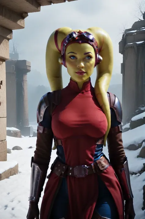 a ((fall body)) (((hera syndulla))) ((green skin )) ((female twilek ))mandalorian,walking on snow coverd ruins , ((green fire eyes )) , beautiful detailed eyes, beautiful detailed lips, extremely detailed face, long eyelashes, mandalorian armor, sci-fi, ci...