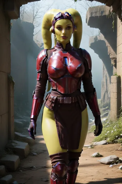 a ((fall body)) (((hera syndulla))) ((green skin )) ((female twilek ))mandalorian,walking on snow coverd ruins , ((green fire eyes )) , beautiful detailed eyes, beautiful detailed lips, extremely detailed face, long eyelashes, mandalorian armor, sci-fi, ci...