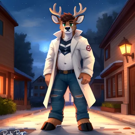 (masterpiece, Best Quality:1.2), deer, Alone, stopped, reloaded, standing on his 2 legs, cuerpo musculoso, cuerpo fuerte, cuerpo varonil, con playera y short, detailed face, detailed body, 5 fingers, Detailed hands, green eyes, detailed eyes, short hair sa...