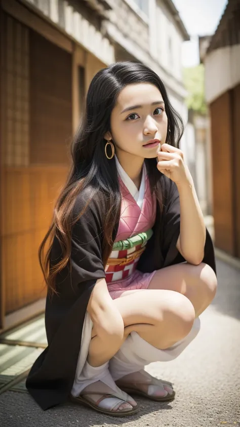 Cute Japanese woman, (16 years old), (Very cute face: 1.3), White moist skin, Looking at the camera, Melancholy expression,
BREAK,
Idol,
BREAK,
(Wearing cute kimono: 1.3), (Highly revealing kimono), Very large earrings, Short length,
BREAK,
(Fighting pose:...