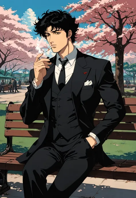 cherry blossom park,a man sitting on a bench, black suit,a loose black tie,black eyes, serious face,black hair, stubble on chin,...