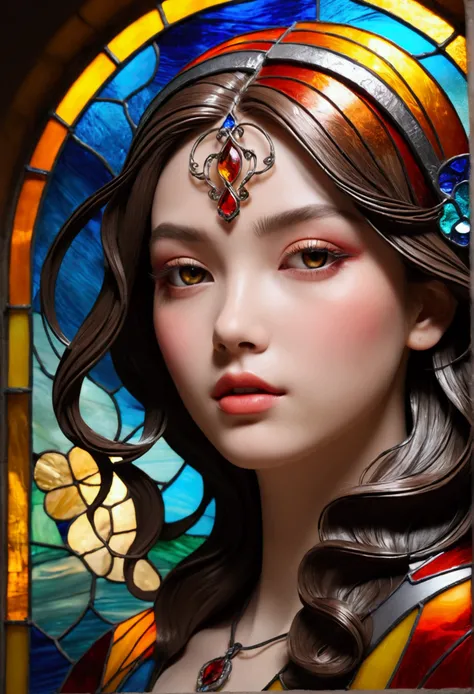 (masterpiece, Highest quality, Highest quality,Official Art, beautifully、aesthetic:1.2),(One girl:1.3), One girl BREAK stained glass art, Colored Glass, Lead wire, Light transmission BREAK Vivid colors, Intricate Design, Glowing effect, Spiritual atmospher...