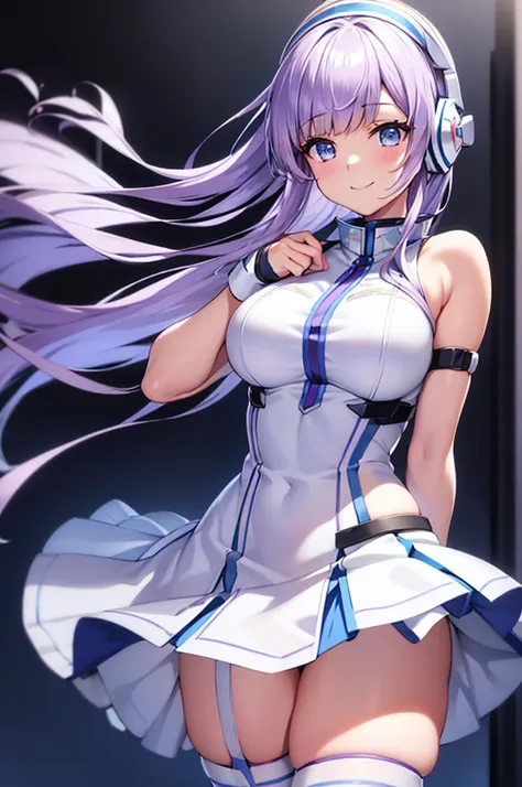 mecha wings、white and blue skirt、accentuated thighs、white tights、chest、beautiful light purple hair、1 girl、solo girl、thick thighs...