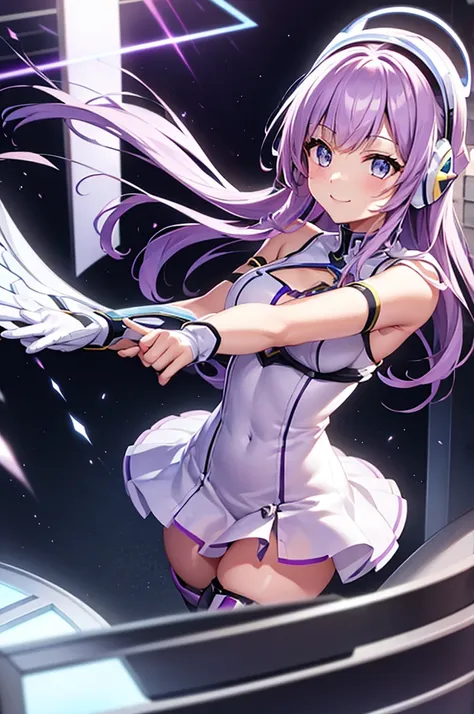 mecha wings、white skirt、accentuated thighs、chest、light purple hair、1 girl、solo girl、is、frame arms girl、alice gere aegis、black an...