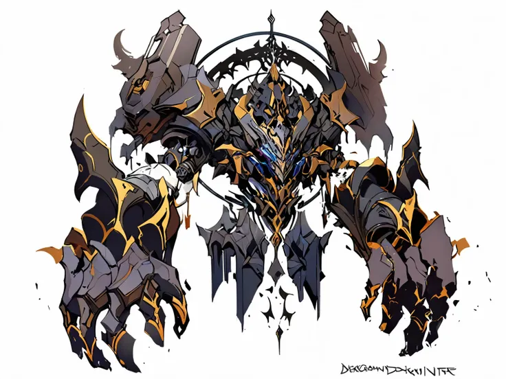 a close up of a drawing of a robot with a large head, darksiders art style, concept art of omegamon, symmetric concept art, mechanized art concept, darksiders style, from arknights, greek god in mecha style, hard edges concept art, mecha art, symmetry!! co...