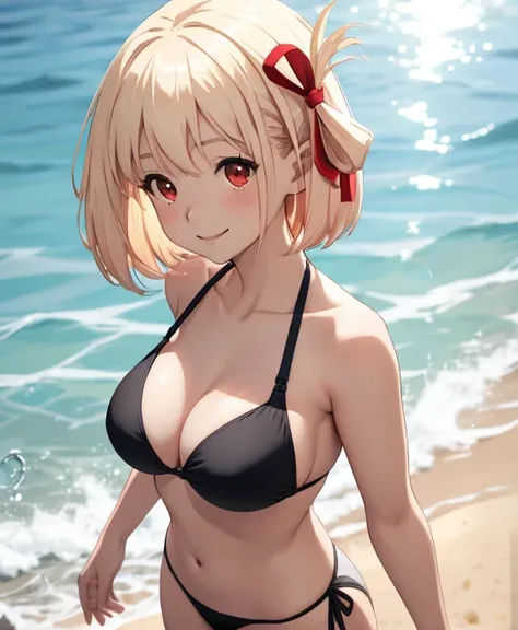 Anime girl in bikini swimming in the sea, swimming in the sea, Black Bikini, in beach, In the sun-drenched sea, Sunlight is reflecting、light reflections、realistic bikini, at sea, Water droplets、Swimsuit, Rin, Cute Bikini, in bikini, swim wears, in beach, m...