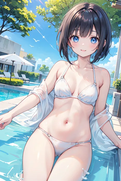 Photorealistic、Highest quality、Highest Resolution、Highest quality、８Ｋ、1人のBeautiful woman、Beautiful woman、Beautiful woman、cute、Bob cut hair、Dark Hair Color、Pale blue eyes、cute水着、Pool、Waterslide、Playing with floats、smile、looks fun、