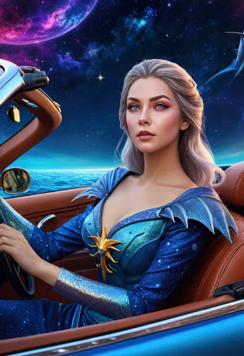 a beautiful female wizard, detailed face with stunning eyes, long lashes, elegant lips, driving a magical tiny convertible car shaped like a blue marlin, galaxies, swordfish, surrounded by swirling magic, bright vibrant colors, vivid fantasy landscape, int...