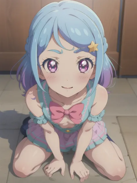 mio aikatsu, minato mio , sky blue hair, purple eyes,  nude, small breasts, hands on floor, shy, blush, nude, 