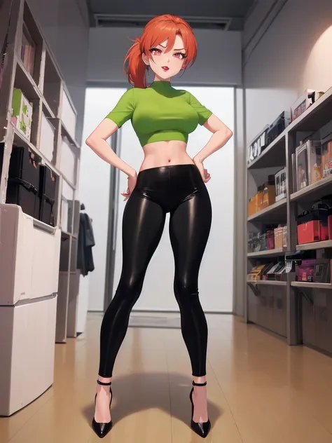 wide hips, thighs, vicky, ponytail, lipstick, midriff, 1girl, green crop top, pink eyes, black pants, orange hair ,solo girl, si...