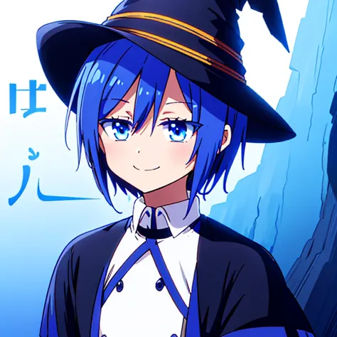 blue eyes、dark blue hair、male、Shortcuts、Round eyes、smiling、anime風、anime、White background、Witch Hat、Short Hair、boy