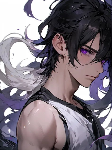 ((8k resolution masterpiece)) 1male, full body art, anime, young adult, midnight purple eyes, wild short white hair, mid length ...