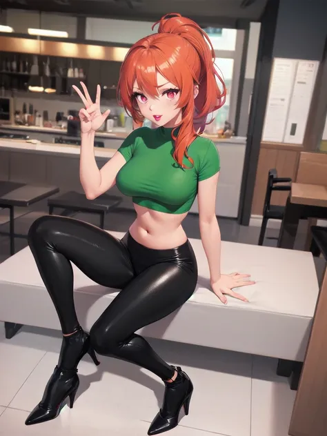 wide hips, thighs, vicky, ponytail, lipstick, midriff, 1girl, green crop top, pink eyes, black pants, orange hair ,solo girl, si...