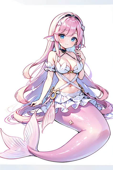 masterpiece, best quality,a girl,pink hair,white dress,blue eyes,head fin,独奏,large breasts,mermaid,粉色的mermaid尾巴,full-body shot,w...