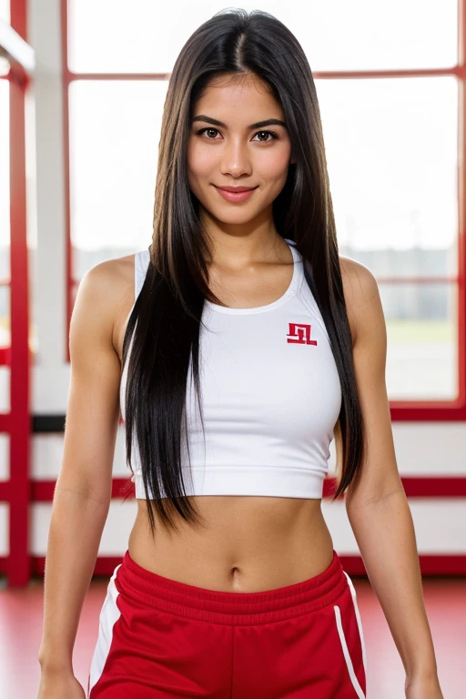 Woman white skin very long straight black hair , in red gym sportswear light brown eyes with half smile realistic Mexican features 
