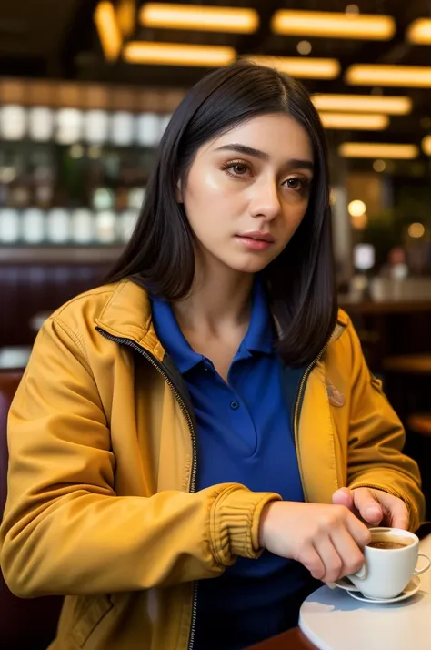 real, realisitic, atmospheric scene, work of art, best qualityer, (face detailed, skin texture detail, ultra-detailed body:1.1),cinematic light,
d1an31an3-smf in a cafe having a coffee wearing a casual outfit, jaket