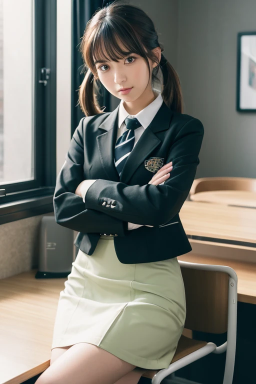 1girl, solo, medium hair, looking at viewer, bangs, skirt, shirt, brown eyes, long sleeves, twintails, standing, jacket, white shirt, green hair, necktie, collared shirt, indoors, black skirt, uniform, black jacket, window, low twintails, heterochromia, ch...