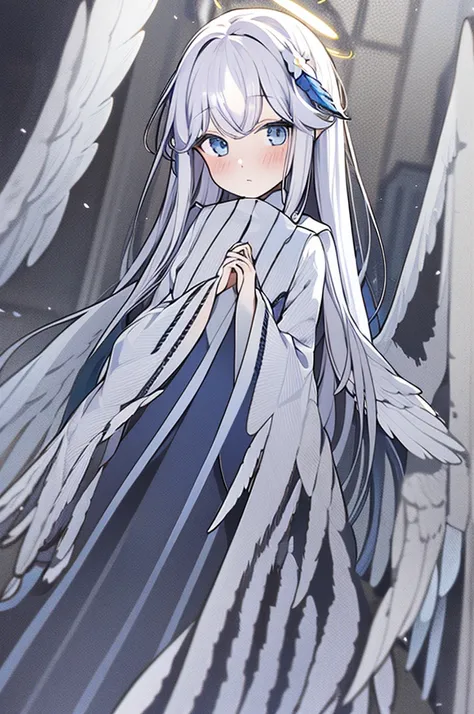 1girl,solo,halo,wings,long hair,angel,white hair,angel wings,dress,feathered wings,looking at viewer,hair ornament,wide sleeves,...