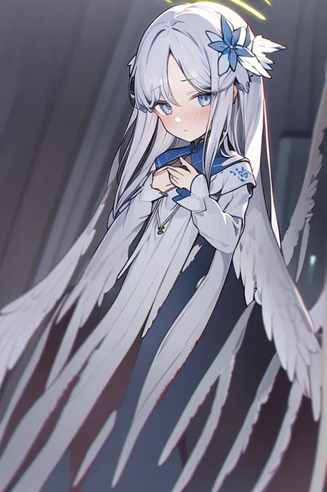 1girl,solo,halo,wings,long hair,angel,white hair,angel wings,dress,feathered wings,looking at viewer,hair ornament,wide sleeves,...