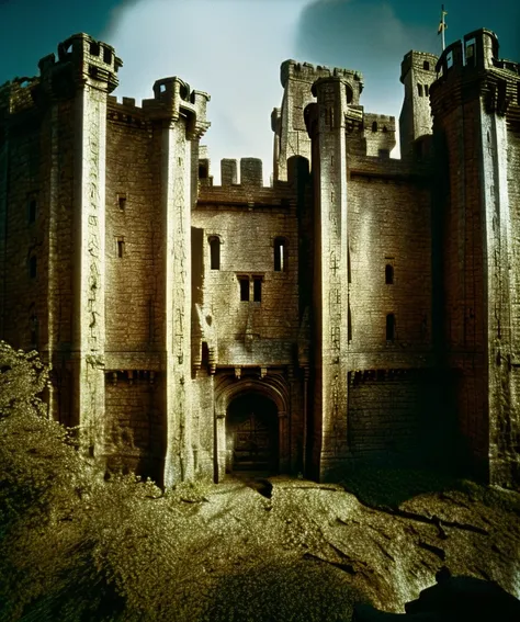 detailed portrait of a medieval castle from disney movie snow white , dvd screen shot from 1982s dark fantasy film, realistic re...