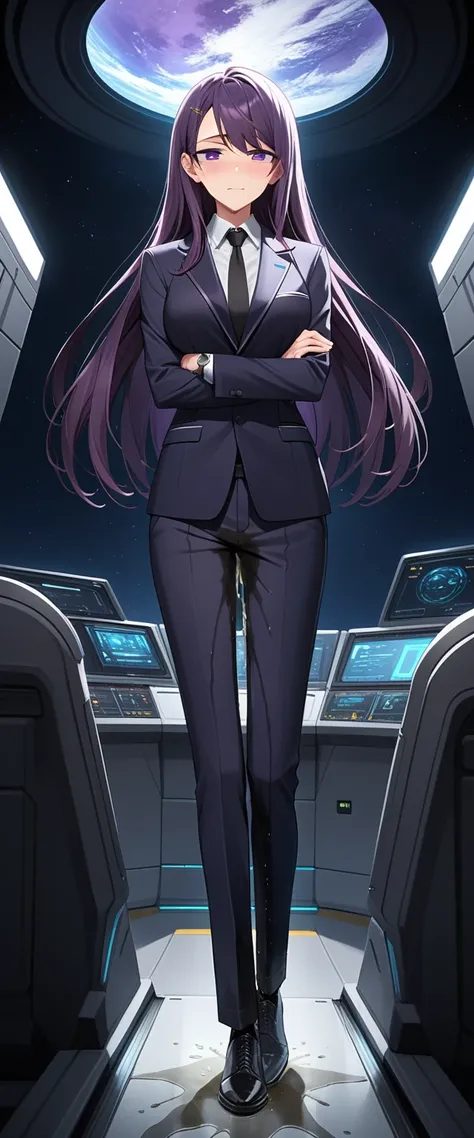 (high quality,Very detailed:1.37, High resolution), Woman, (mature:2.0), (Sakaki Yumiko:1.5), (very long hair:1.5), (dark purple hair:2.5), purple eyes, large breasts, tuxedo, necktie, (pants:1.5), (wetting herself:1.5), standing, (arms crossed:1.5), (emba...