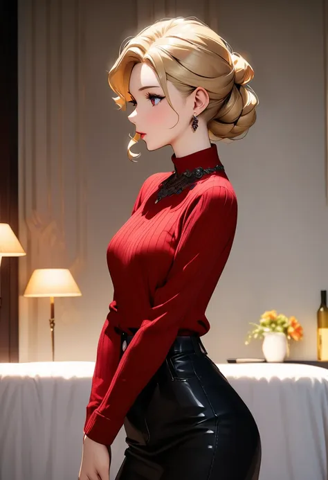 (exquisite details, high definition, fashion style:1.4),beautiful blonde women,wearing red sweater,(elegant posture, warm atmosphere, perfect figure:1.2),