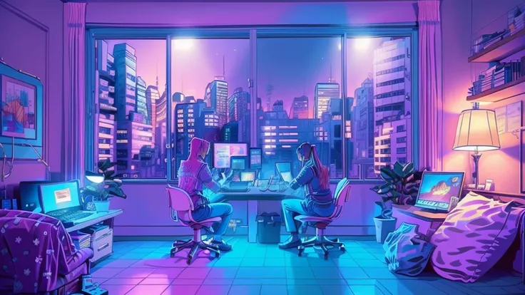 girl is a trader, pink theme, style anime, computer, living room, in the computer screen is chart stock night light , (very deta...