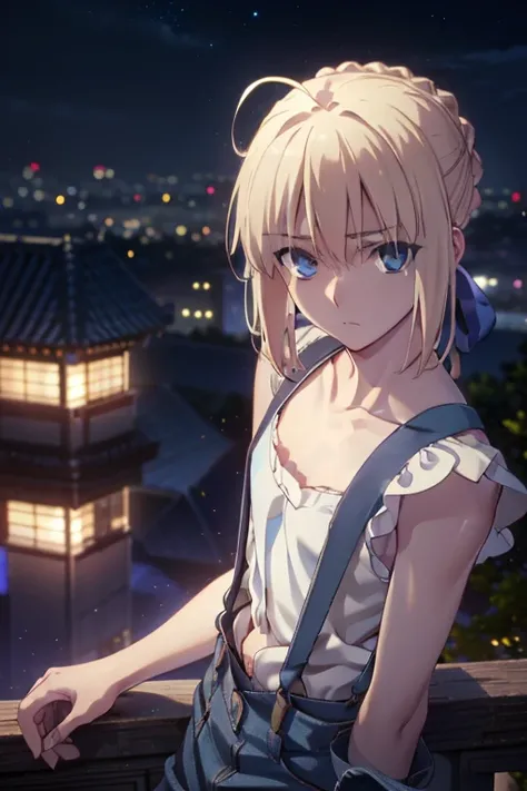 artoria pendragon saber (blue eyes:1.7), ((blonde hair in a bun), (flat chest:1.2), looking down at a beautiful Tokyo nightscape, BREAK collarbone, very ((yellow cropped shirt, red suspenders and denim pants)), bare arms, bare shoulders, bare legs, twenty-...