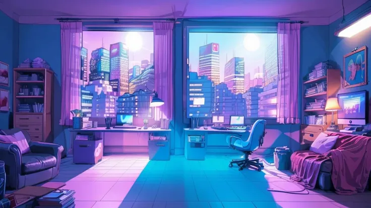 girl is a trader, pink theme, style anime, computer, living room, in the computer screen is chart stock night light , (very deta...