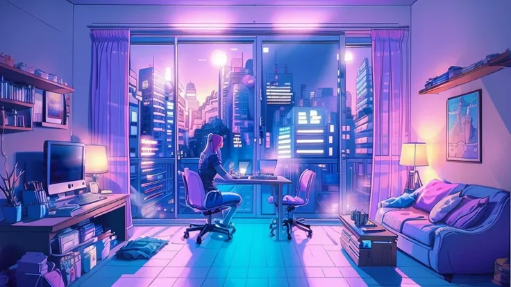 girl is a trader, pink theme, style anime, computer, living room, in the computer screen is chart stock night light , (very deta...