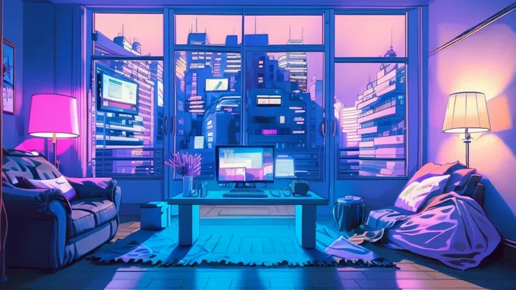 girl is a trader, pink theme, style anime, computer, living room, in the computer screen is chart stock night light , (very deta...