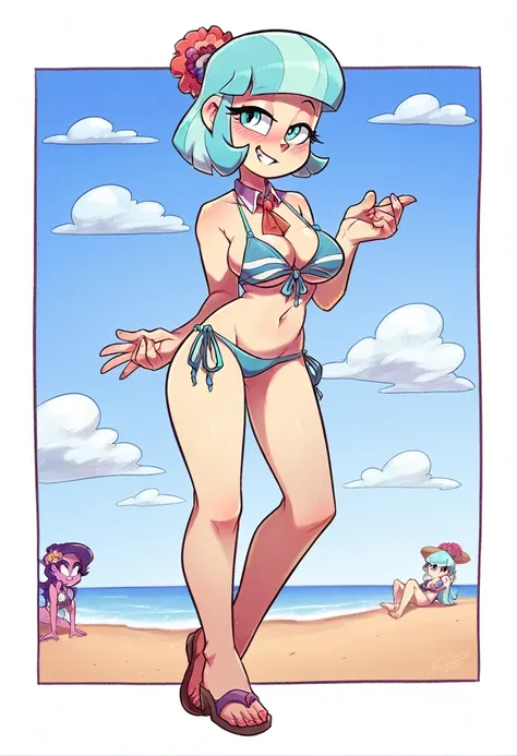 Coco Pommel, solo girl, naughty face, blushing, smiling, wearing bikini, big breasts, sexy body, Coco Pommel Equestria girls, full body, Standing, at the beach, Coco Pommel, cuerpo completo, High resolusion. 