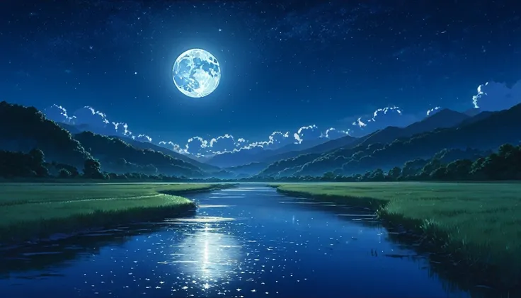 A painting of a river, stars and the moon in the sky, In bright colors, by makoto shinkai. Concept art inspired by Mitsuoki Tosa, pixiv Contest Winner, Highest quality, Golden Moon, No humans, Starry Sky, scenery, cloud, Shine, the scenery of night landsca...