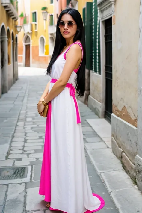 Woman white skin very long straight black hair ,   with pink Mexican dress sunglasses in Venice