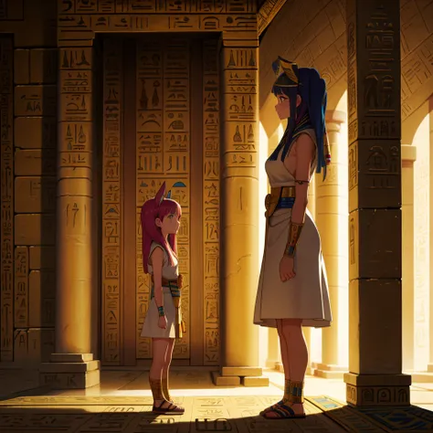 かわいいAncient Egyptの15歳の女の子、Ancient Egypt、View of the Nile、A colorful view of the whole、whole body、Low - Angle、Standing posture、Reeds are growing、Ancient Egyptの船、Ancient Egyptの風景
