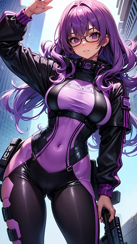 Girl with tanned skin and curly purple hair, wearing glasses and futuristic e-girl outfit