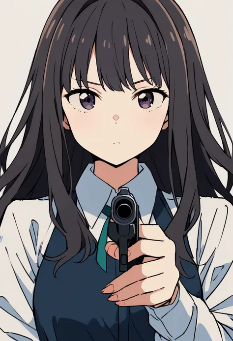 best quality, masterpiece,aesthetic,very aesthetic,,illustration,,,front pose, 1girl, inoue takina, lycoris recoil,holding pistol,perfectanatomy,