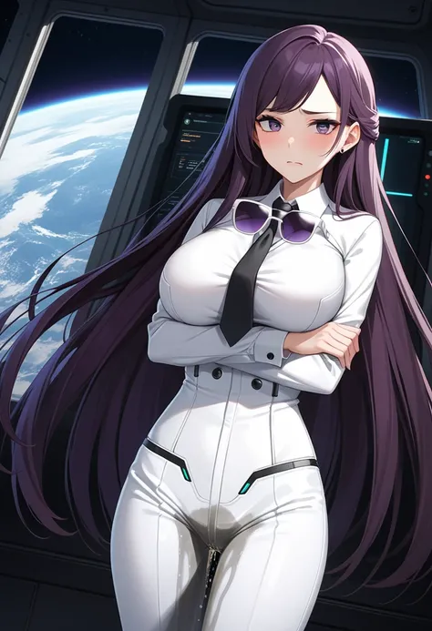 (high quality,Very detailed:1.37, High resolution), Woman, (mature:2.0), (Sakaki Yumiko:1.5), (very long hair:1.5), (dark purple hair:2.5), purple eyes, huge breasts, tuxedo, necktie, (sunglasses:1.5), (pants:1.5), (wetting herself:1.5), standing, (arms cr...